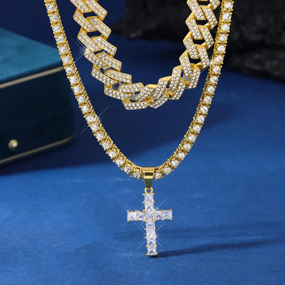 Men's Zircon Cross Pendant Cuban Chain Iced Out Paved Rhinestones Bling Necklaces by GJG Denim