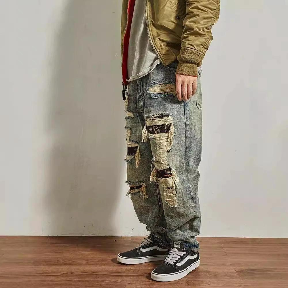 Men's Loose Straight Tapered Distressed Broken Holes Jeans by GJG Denim