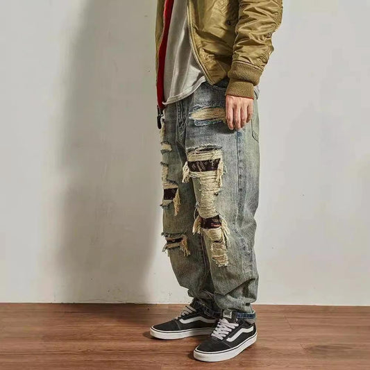 Men's Loose Straight Tapered Distressed Broken Holes Jeans by GJG Denim