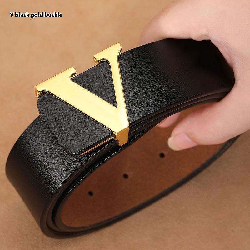 Men's Retro Smooth Genuine Leather Pure Cowhide Letter V Belts by GJG Denim