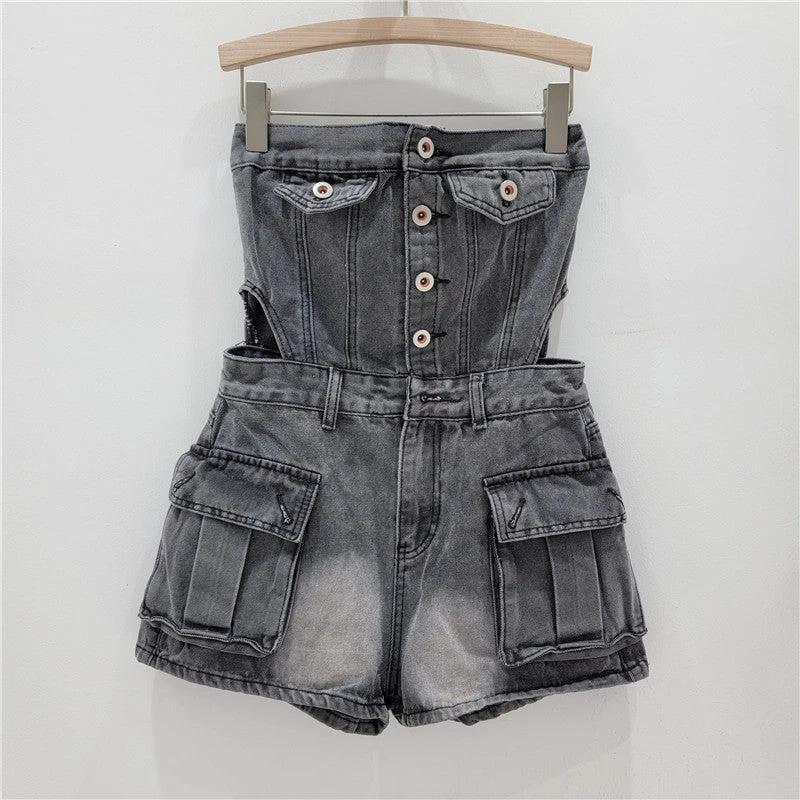 Hot Girl Breasted Hollow-out Midriff Tube Top Cowboy Siamese Shorts For Women by GJG Denim