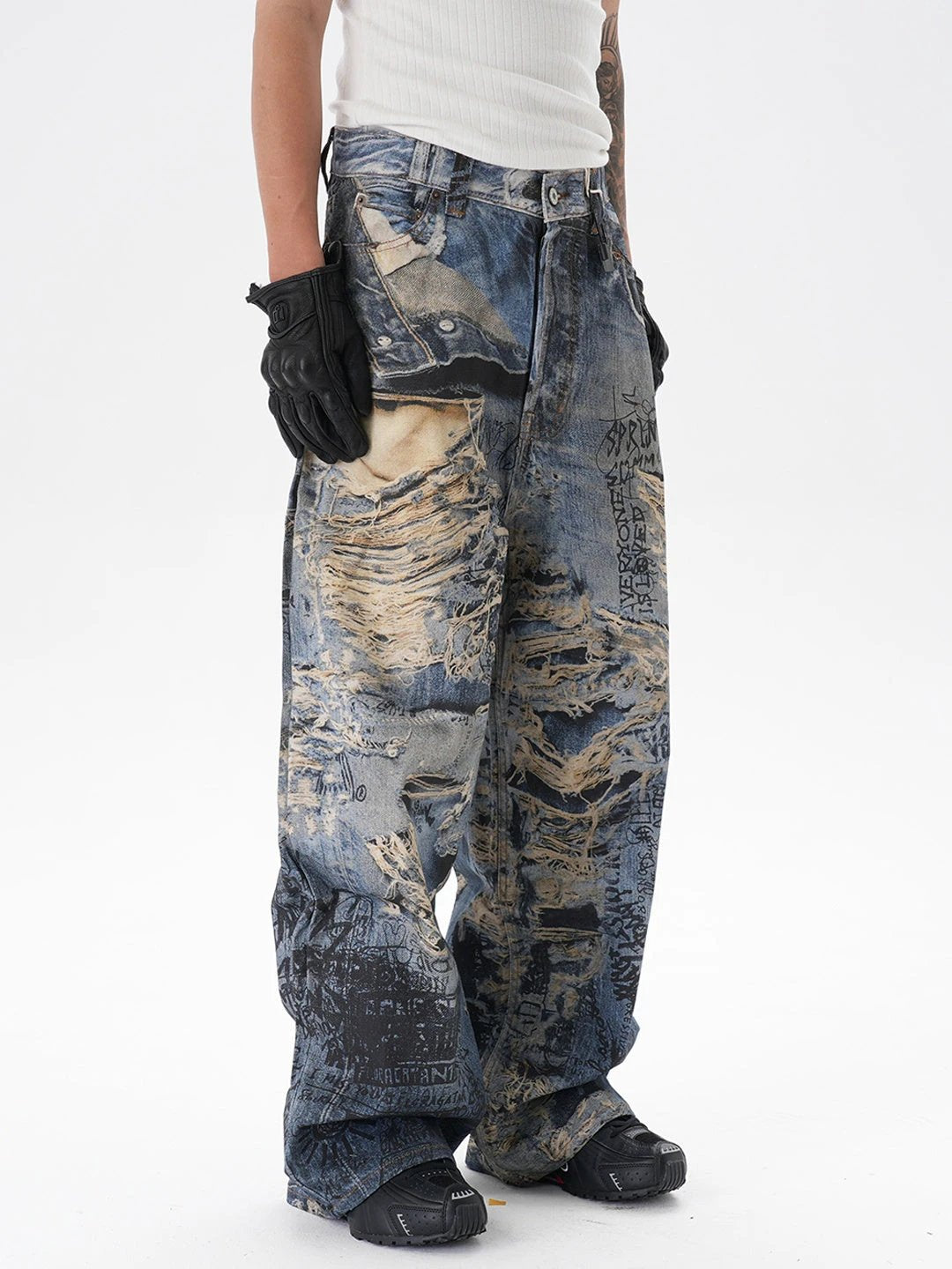 Men's Ripped Graffiti Straight Jeans by GJG Denim