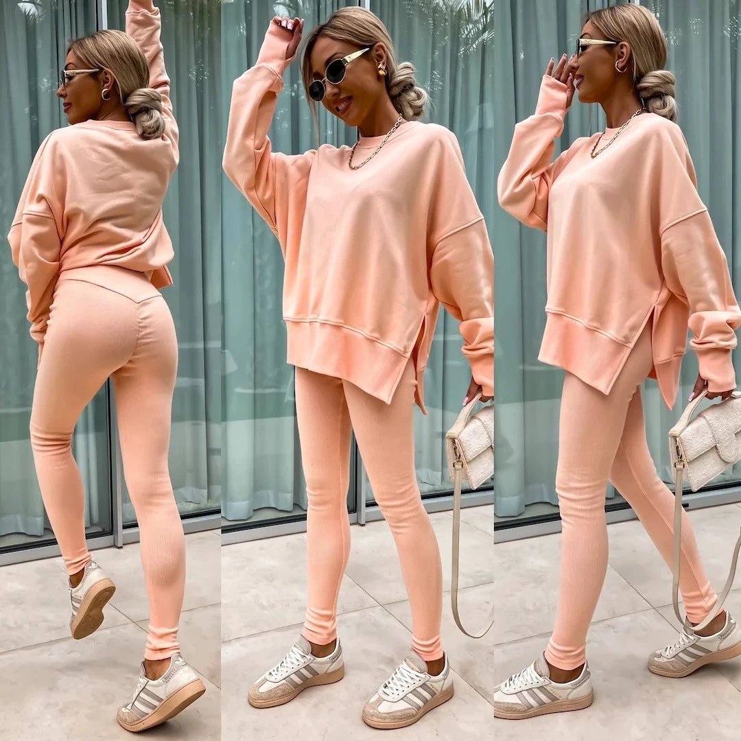 Sweater Suit Women's Casual Loose Long Sleeve Crew Neck Split Top Tight Trousers by GJG Denim