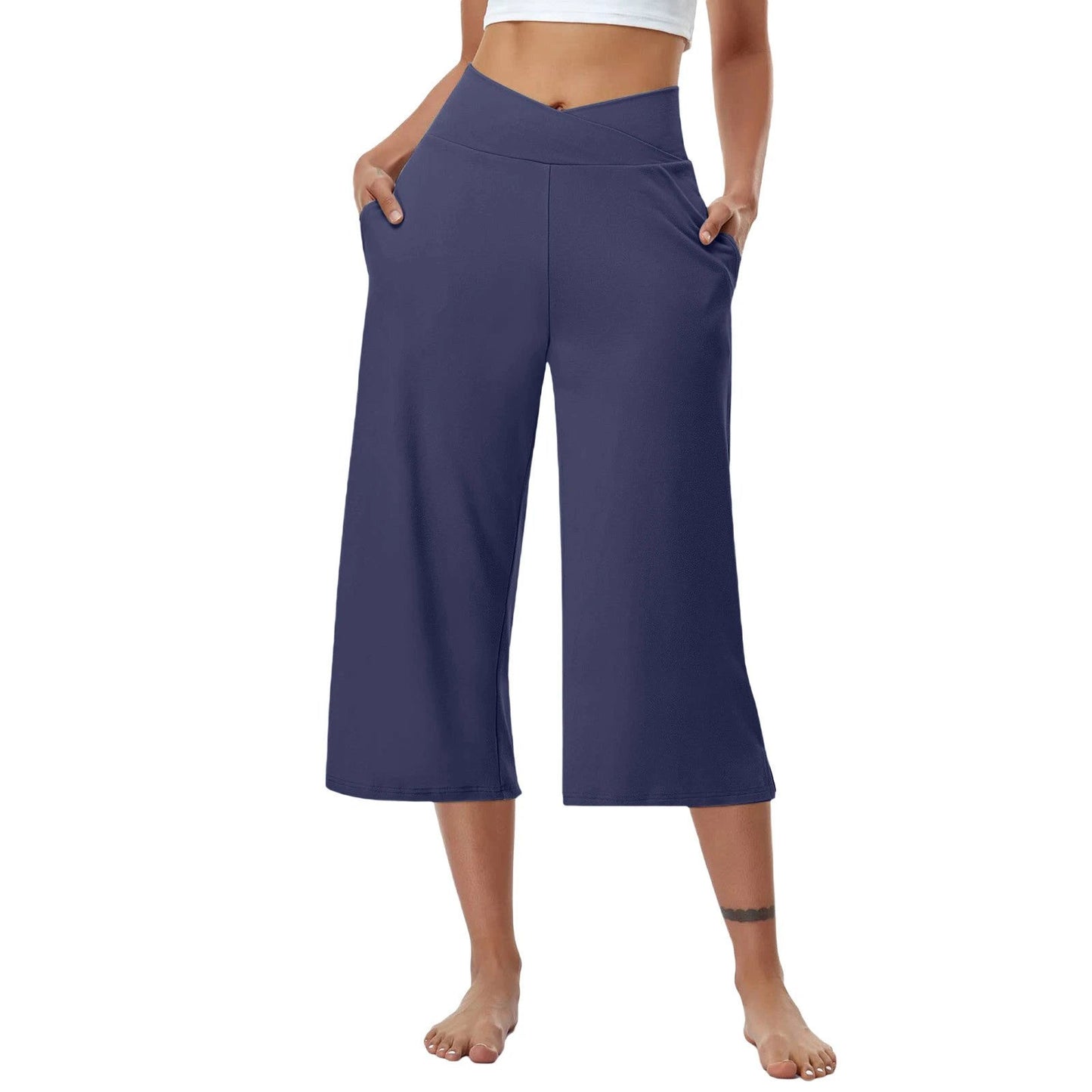 High-Waist Butt-Lifting V-Shaped Waist Wide-Leg Fitness Running Cropped Pants by GJG Denim