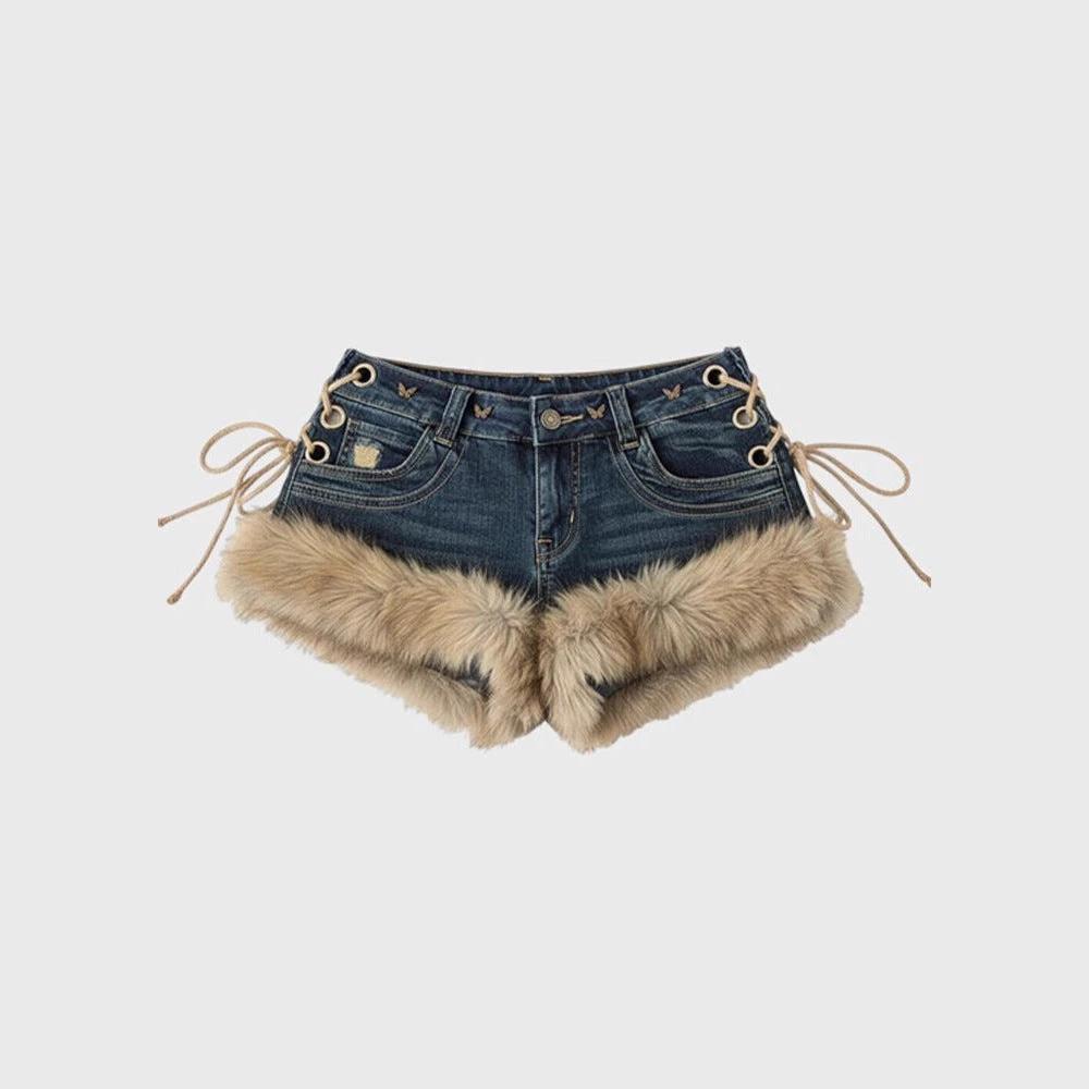 Womens Stylish Furry Patchwork Micro Shorts by GJG Denim