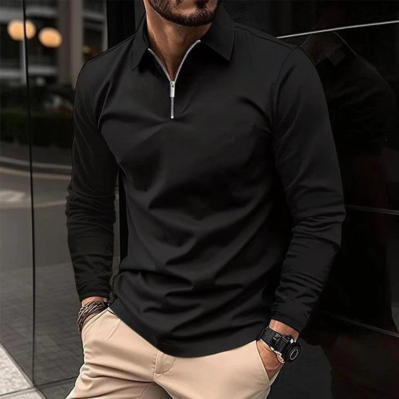 Zipper Men's Solid Color Long Sleeve Sports Polo Shirt by GJG Denim