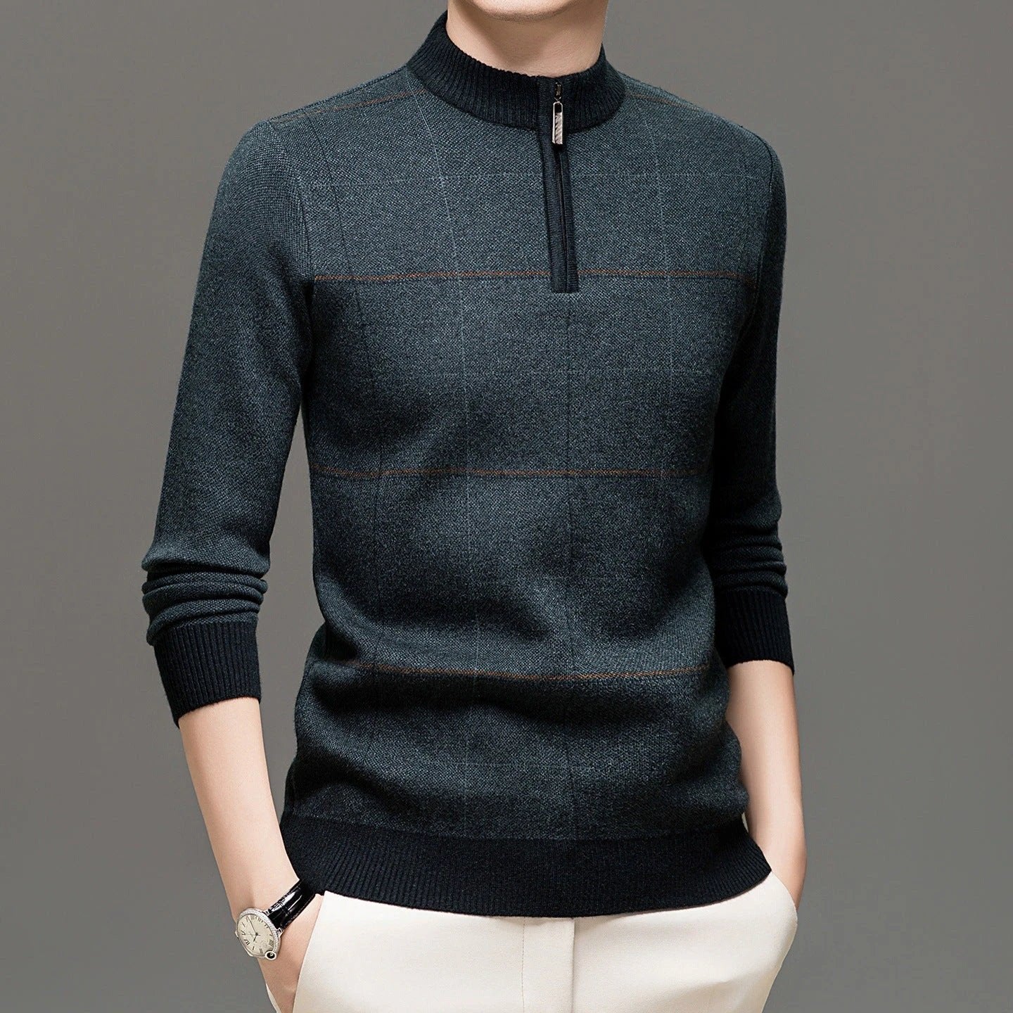 Men's Stylish Plaid Quarter-zip Knit Sweater by GJG Denim