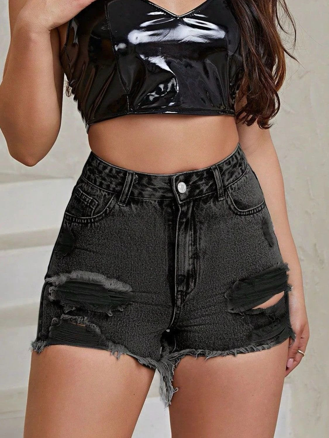 Distressed Raw Hem High Rise Denim Shorts by Lady Ros