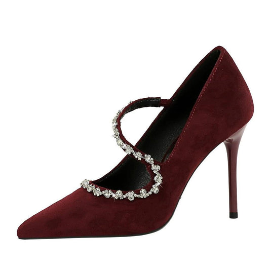 Pointed High Heels Diamond Chain Single Strap Thin Heels by GJG Denim