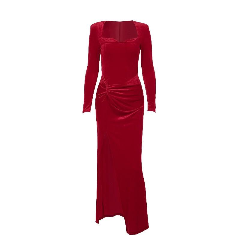 Socialite Style Elegant Long Sleeve Velvet Slit Formal Dress by GJG Denim