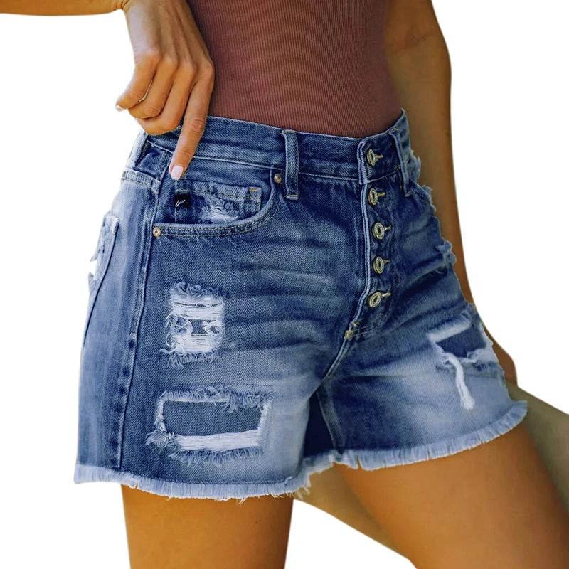 Explosive Hole Flow Patch Ladies High Stretch Denim Shorts by Zara-Craft