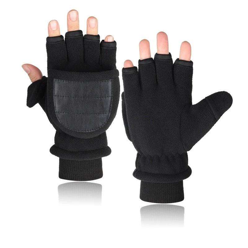 Men's Double-layer Velvet Flip Touch Screen Half Finger Gloves by GJG Denim