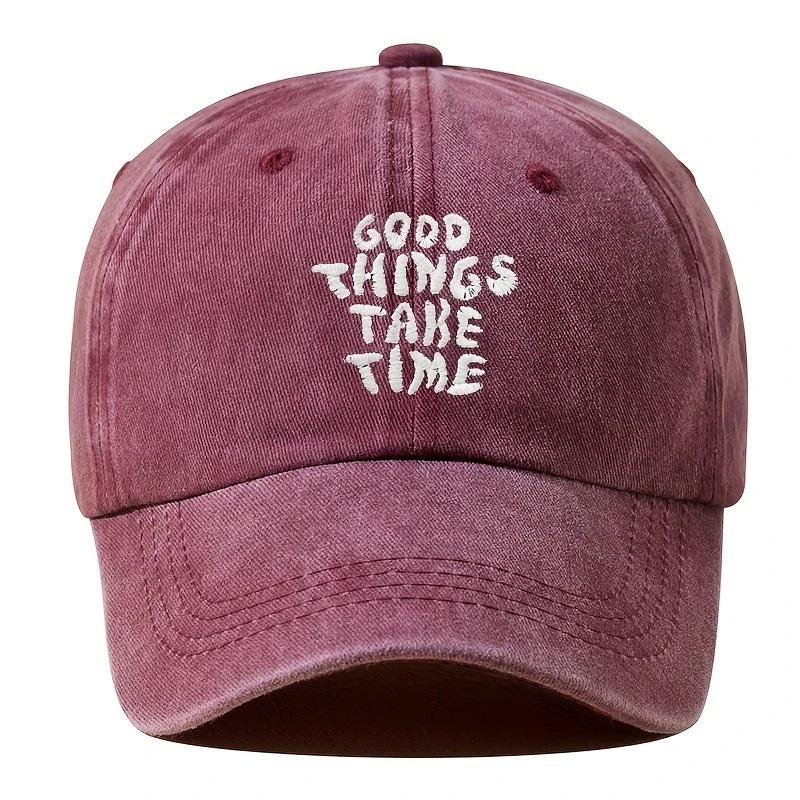 Men's "Good Things Take Time" Washed-out Vintage Baseball Cap Adjustable by GJG Denim
