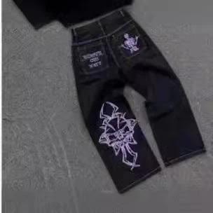 Embroidered Skull Cotton Casual Pants Men's Straight-leg Pants by GJG Denim