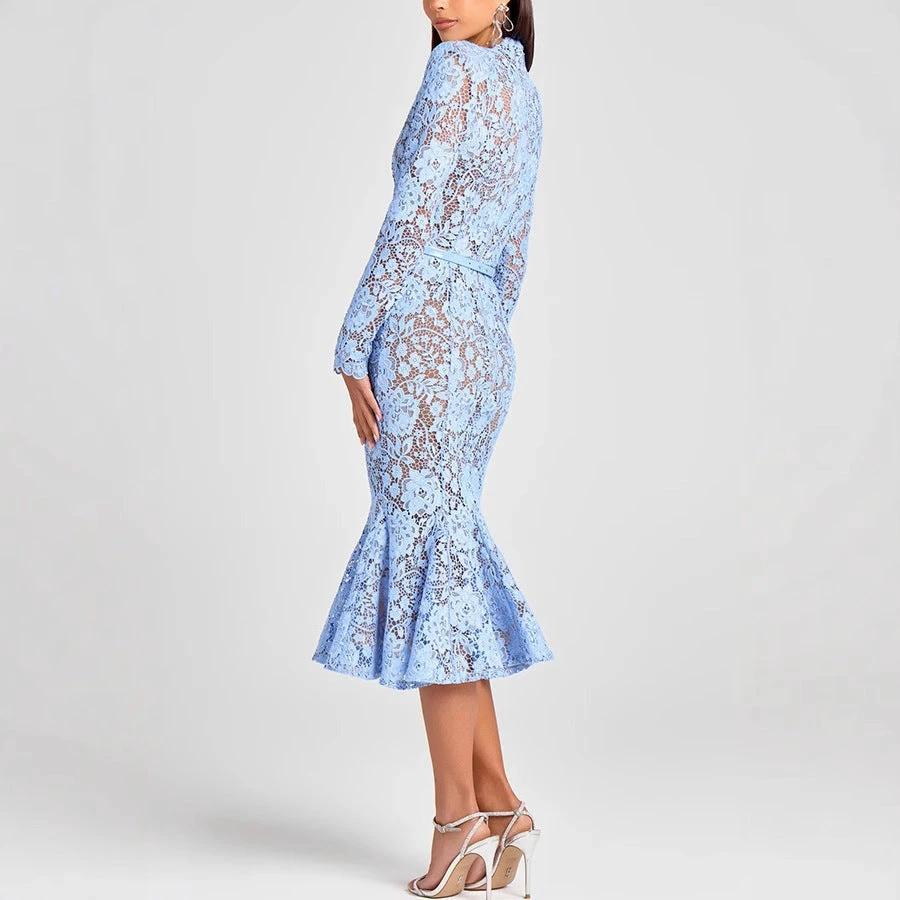 Slim Fit Slimming See-through Lace Hollow Belt Long Sleeve Fishtail Dress by GJG Denim