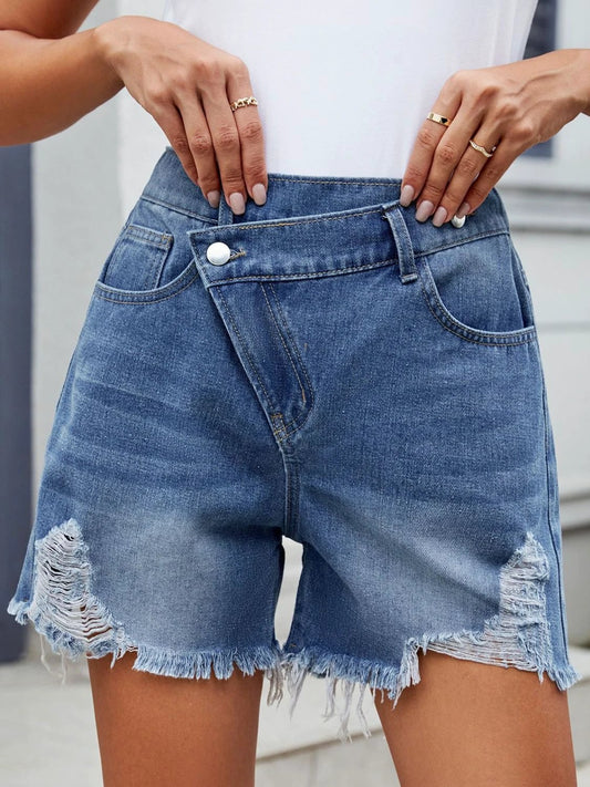 Distressed Raw Hem Asymmetrical Waist Denim Shorts by Lady Ros