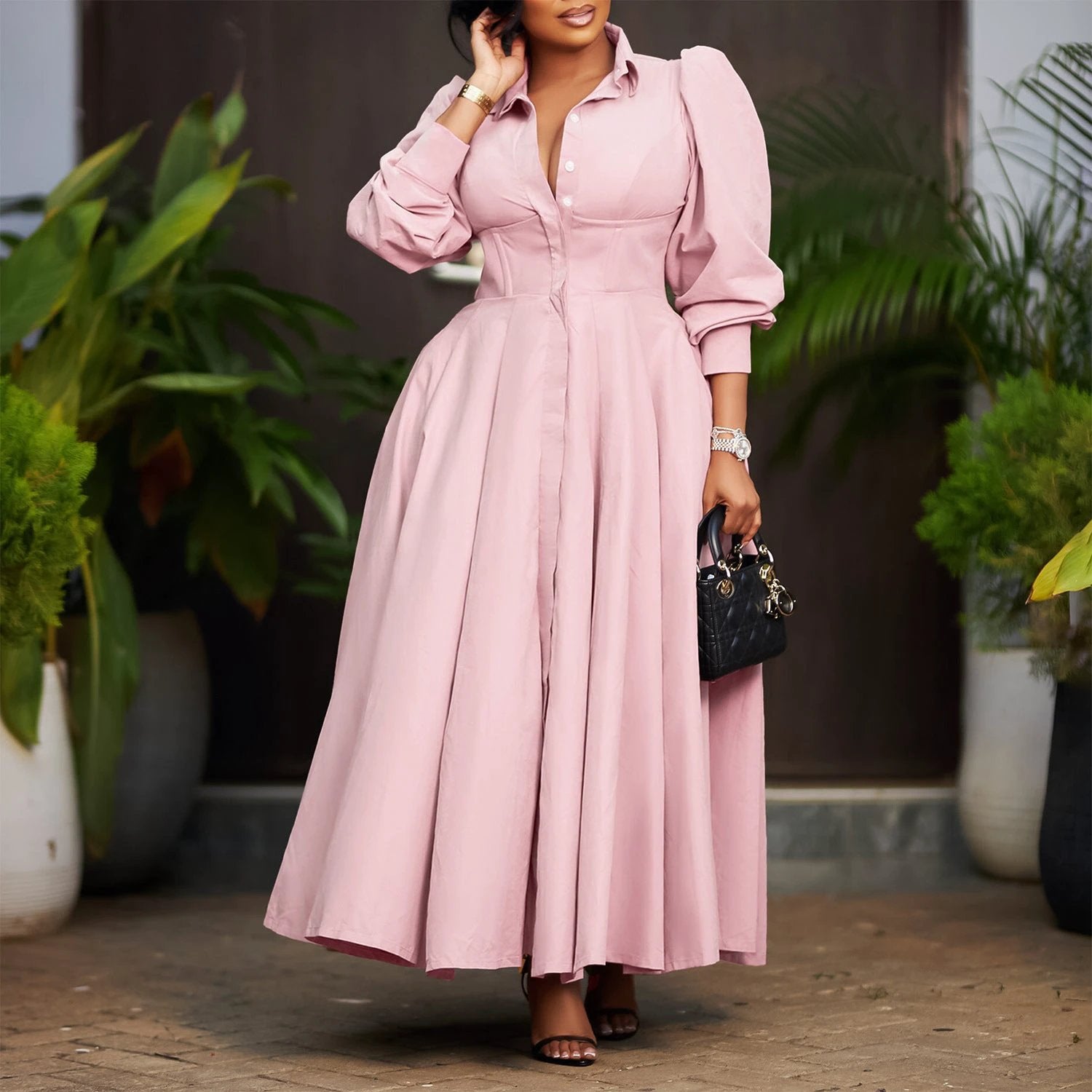 Women's Elegant Long Sleeve Big Hem Shirt Solid Color Dress by GJG Denim
