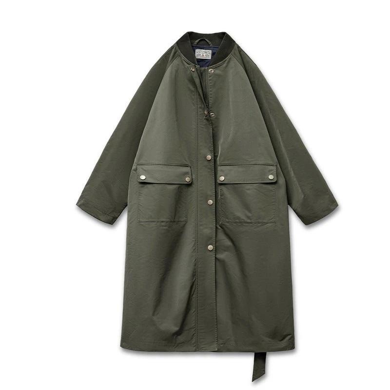 Retro Olive Green Trench Coat Mid-length Loose Women by GJG Denim