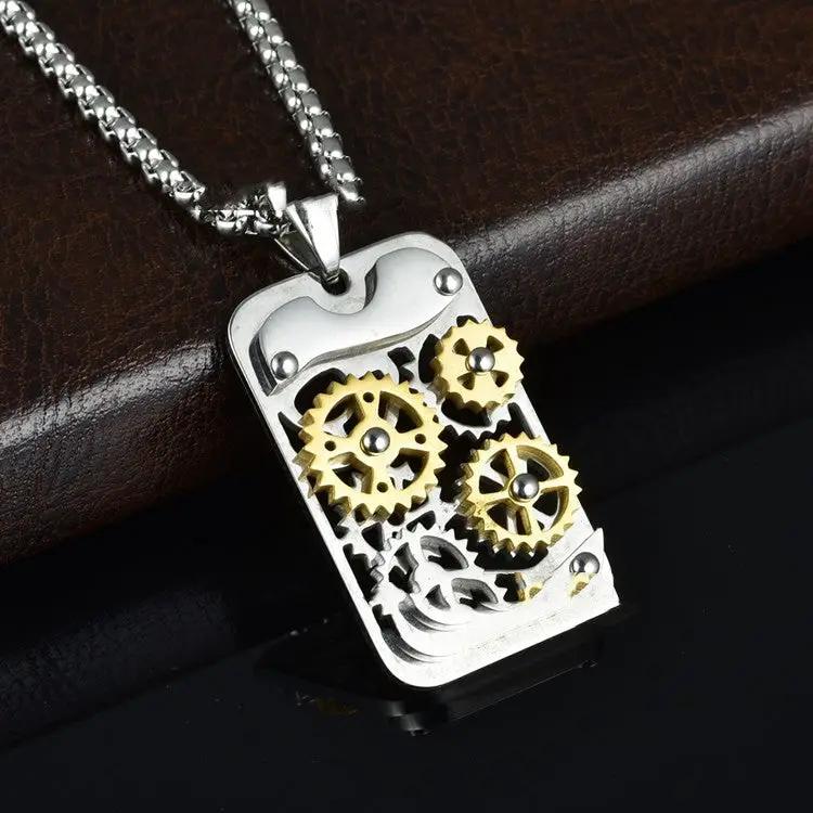 Men's Titanium Steel Transports Mechanical Gear Pendant Necklace by GJG Denim