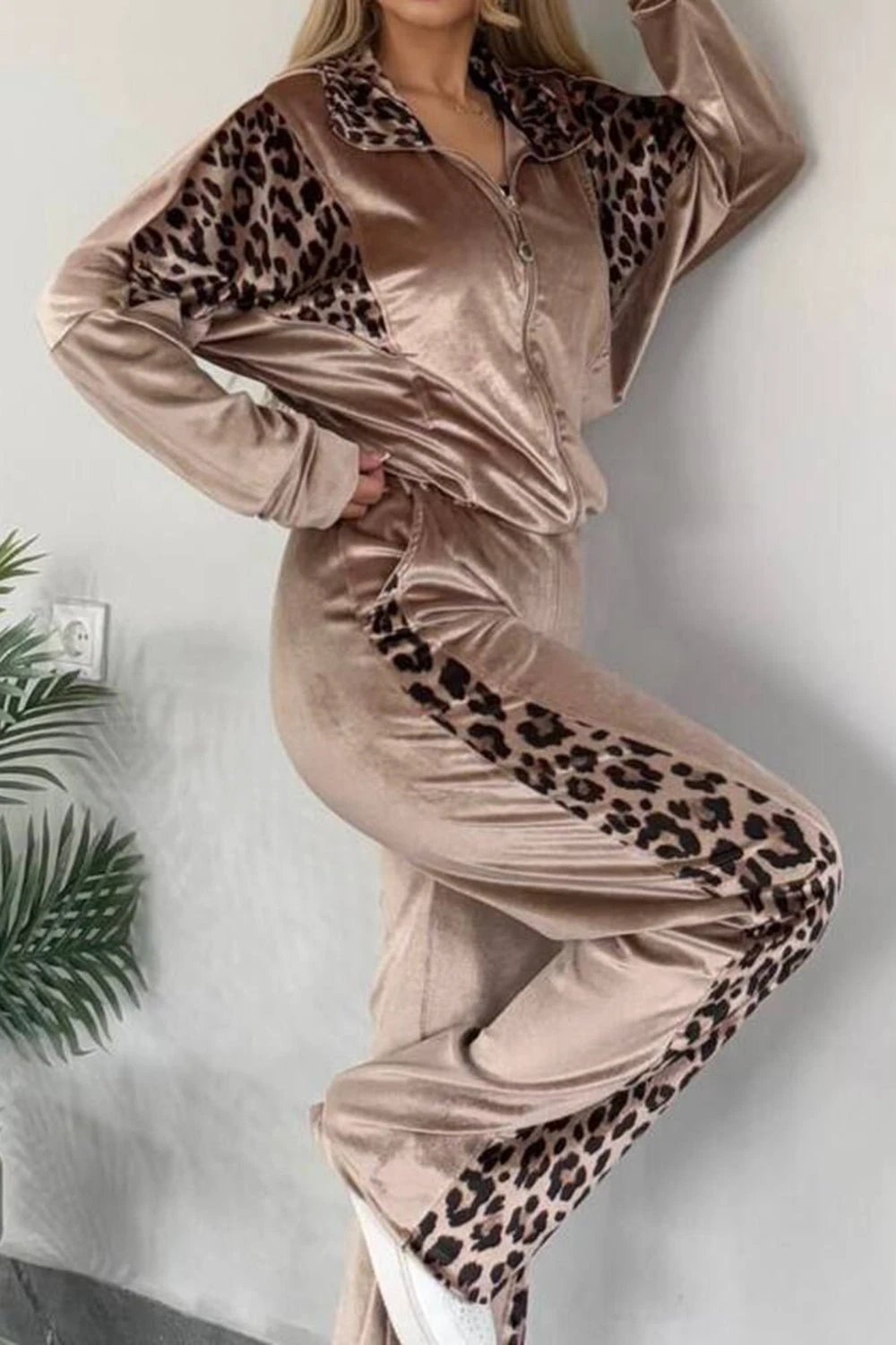 Full Size Collared Neck Leopard Zip Up Top and Pants Set Plus Size by Lady Ros