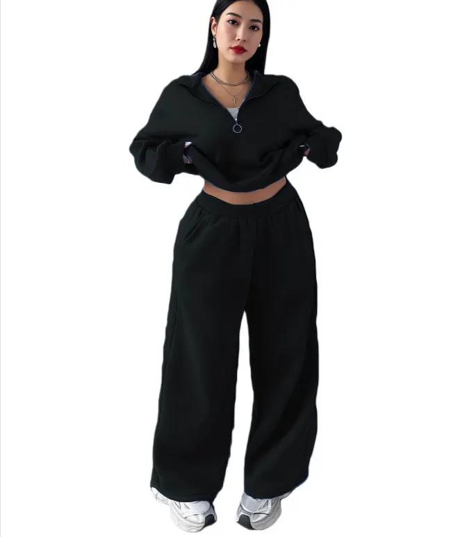 Casual Womens Fashion Half-Zip Pullover Hoodie And Pants Two-Piece Set by GJG Denim