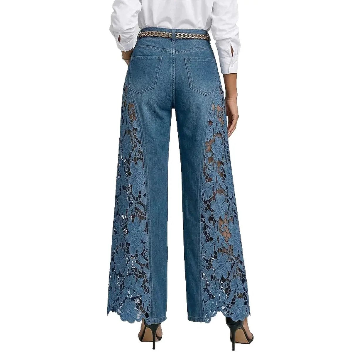 High-waisted Wide-leg Pants Womens Lace-panelled Jeans by GJG Denim