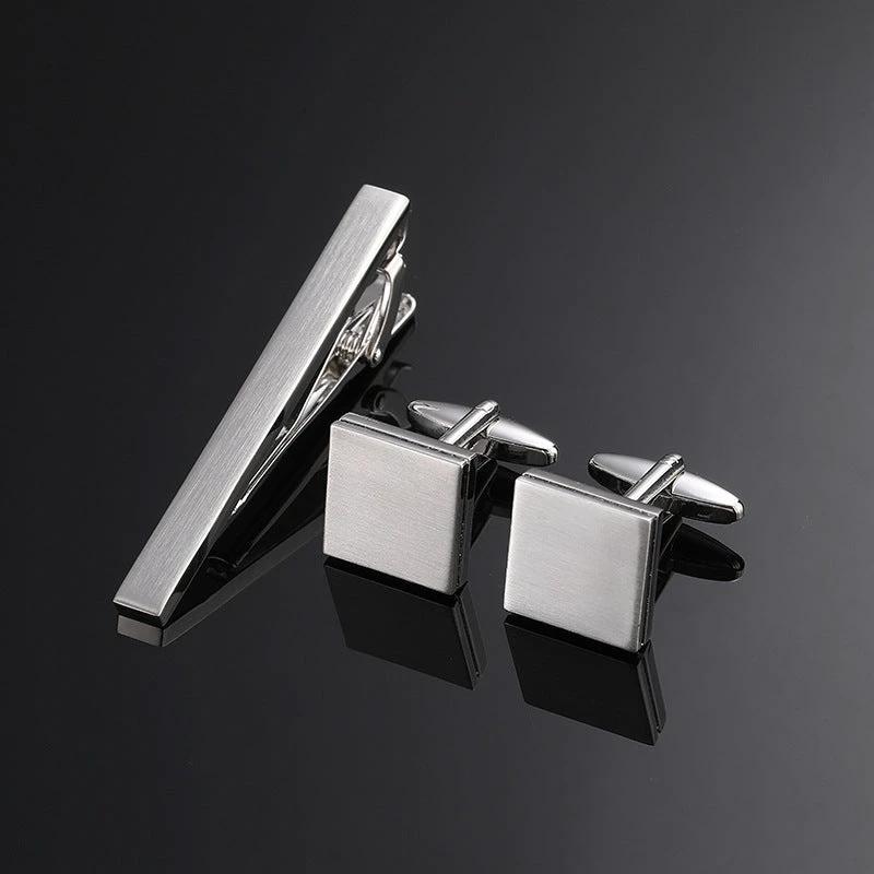 Gold Silver Black Square Brushed Tie Clip And Cufflinks by GJG Denim