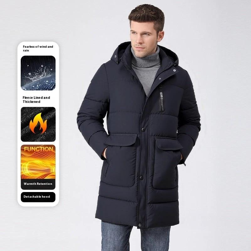 Men's Fleece-lined Thick Long Section Cotton-padded Coat by GJG Denim