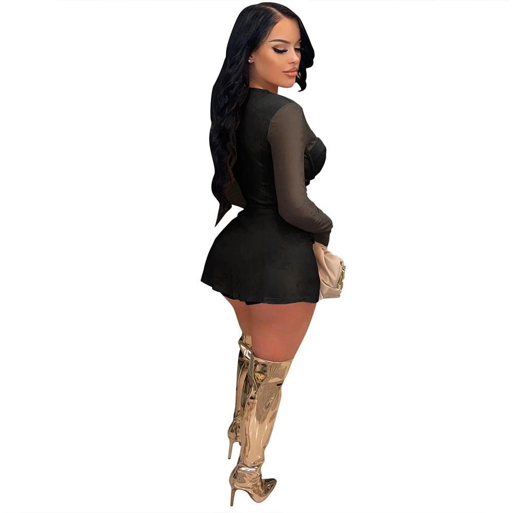 Gauze Mesh Sheer Two Piece Sportswear Women Zip Top Black Shorts Set by GJG Denim