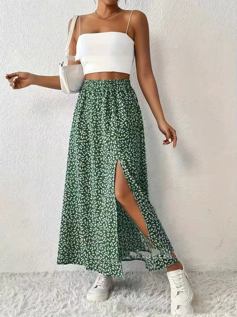 Women's Fashionable With Side-slit Printed Skirt by GJG Denim