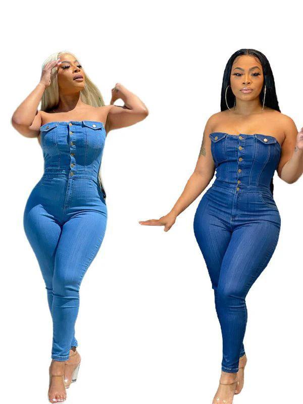 Tube Top Off-shoulder Slim Fit Denim Jumpsuit by GJG Denim