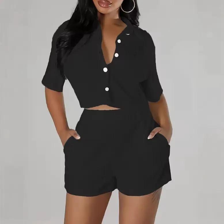 Fashionable Casual Short-Sleeve Shirt Set Single-Breasted Solid Color Pleated Two-Piece Suit by GJG Denim