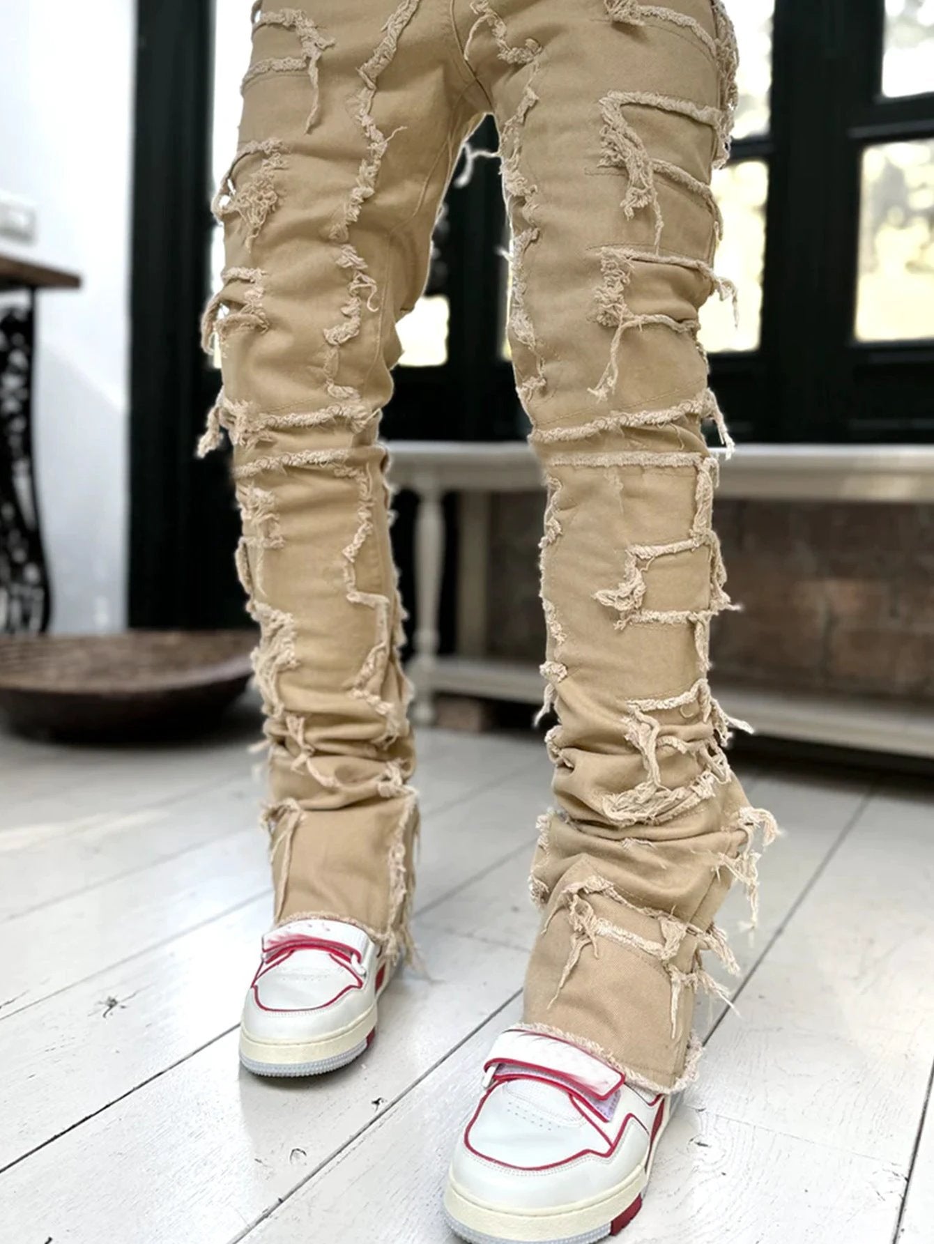 Men's Individual Patched Pants Long Tight Fit Stacked Jeans by GJG Denim