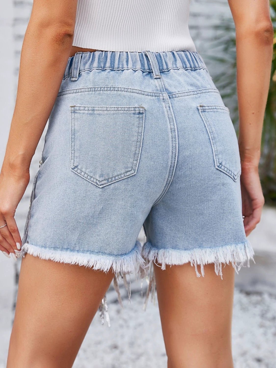 Distressed Pearl Trim Denim Shorts with Pockets by Lady Ros