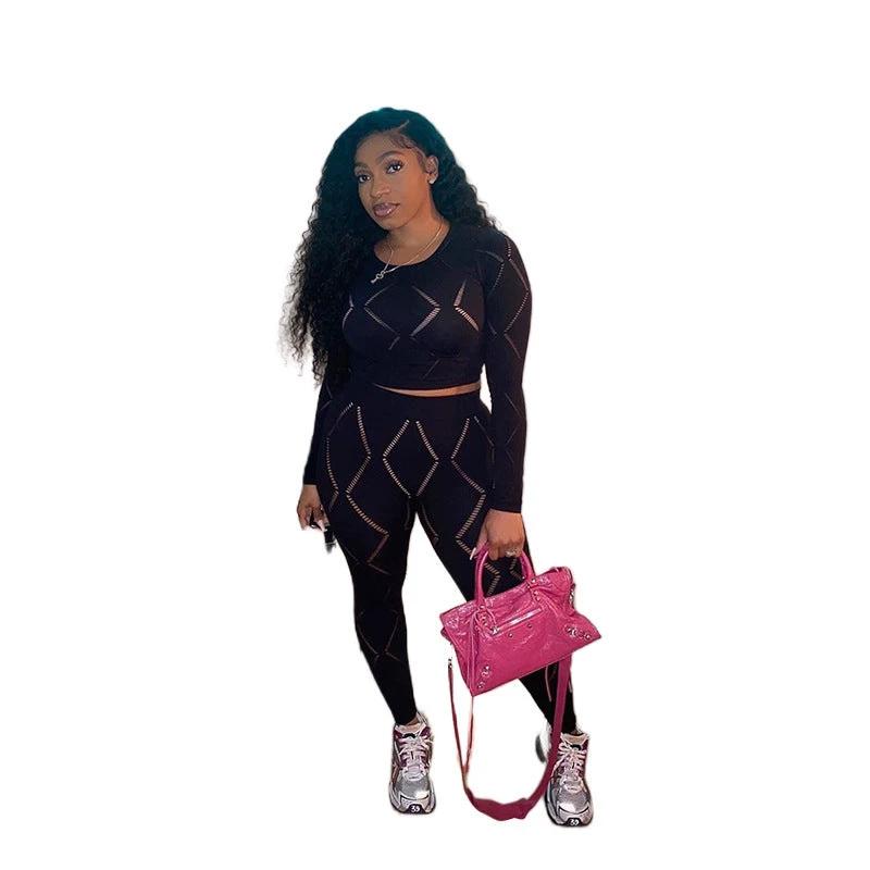 Women's Hollow-out Ripped High Waist Tight Pants Casual Sports Suit by GJG Denim