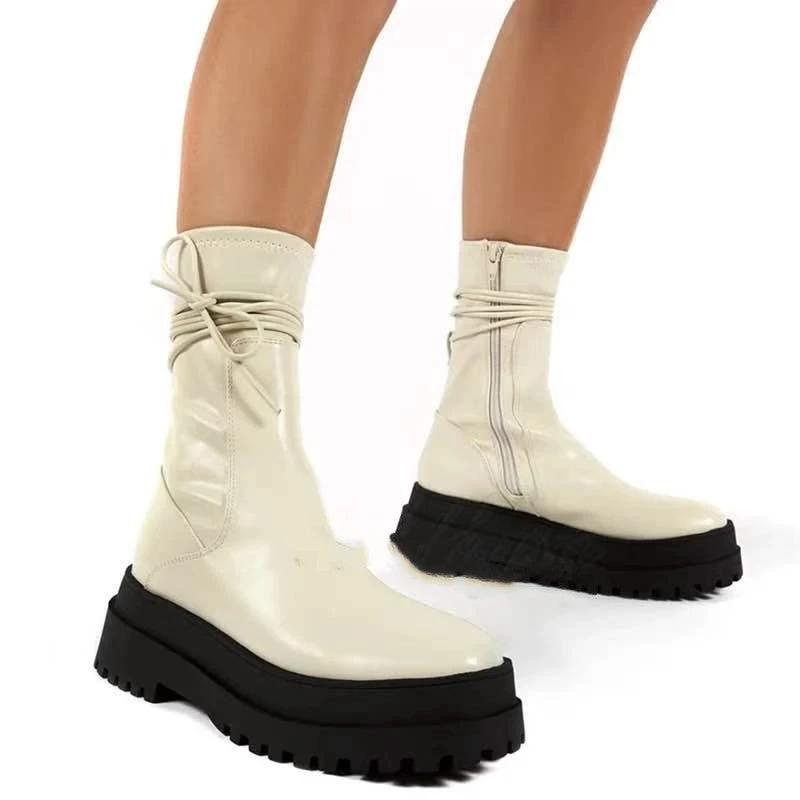 Platform Lace-up Middle Boots Plus Size Platform Heel Ankle Boots by GJG Denim