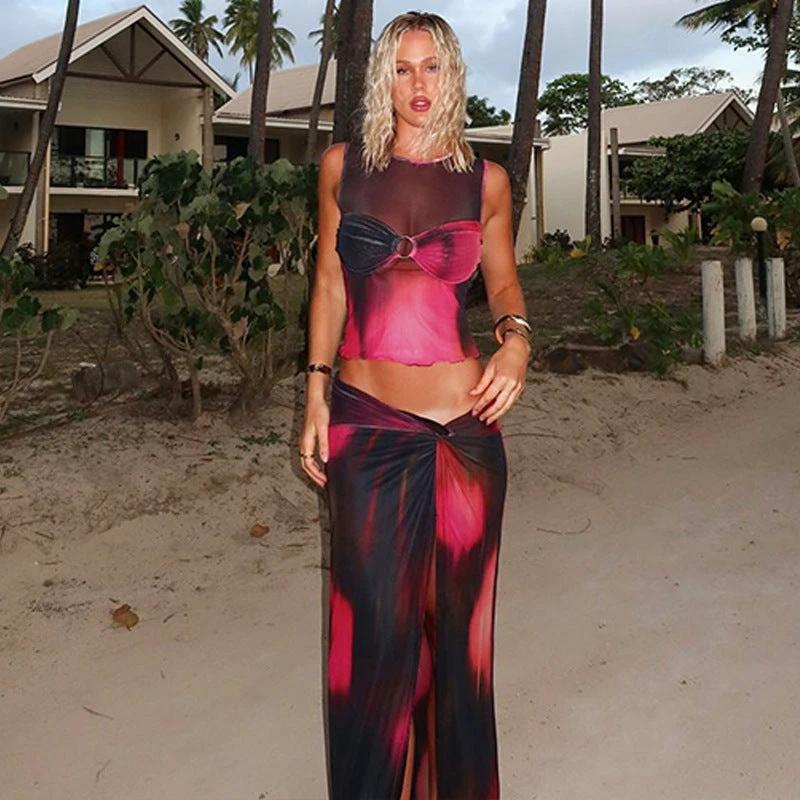 Women's Sleeveless Printed Mesh Half-length Long Dress Suit by GJG Denim