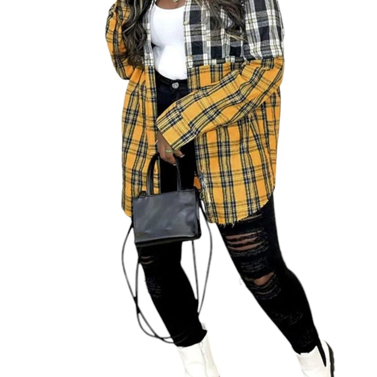 Women's Casual Plaid Pocket Button Stitching Long Sleeve Plus Size Shirt by GJG Denim