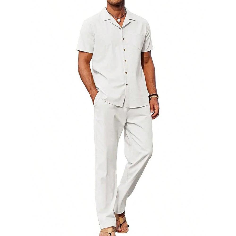 Men's Vintage Short-sleeve Shirt And Casual Trousers Two-piece Set by GJG Denim