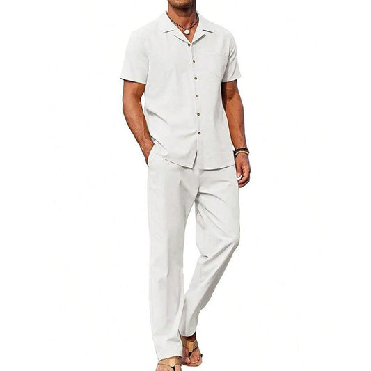 Men's Vintage Short-sleeve Shirt And Casual Trousers Two-piece Set by GJG Denim