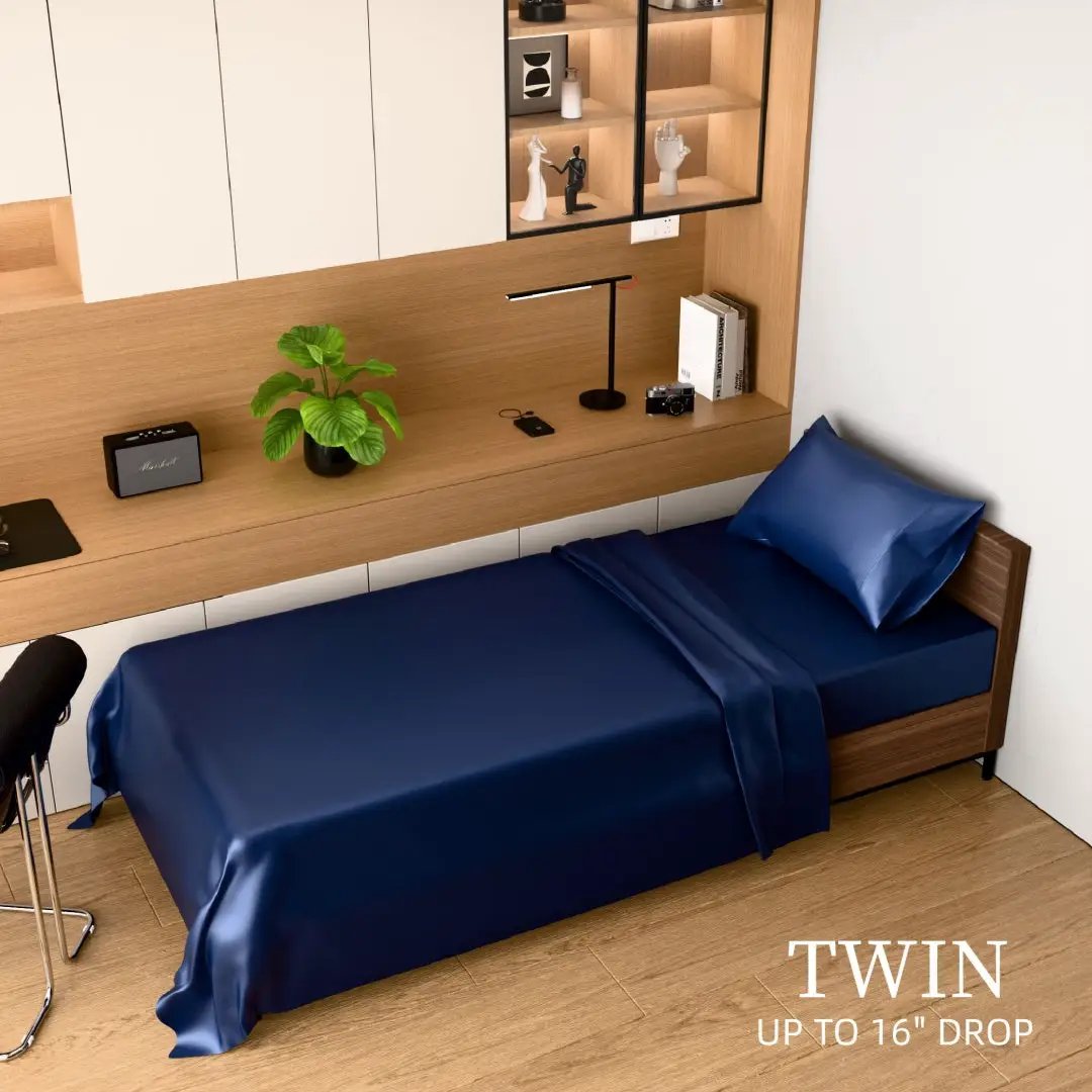 Satin Bed Sheets, Twin Size Sheets Set, 3 Pcs Silky Bedding Set With 15 Inches Deep Pocket For Mattress Twin, Navy Blue by GJG Denim