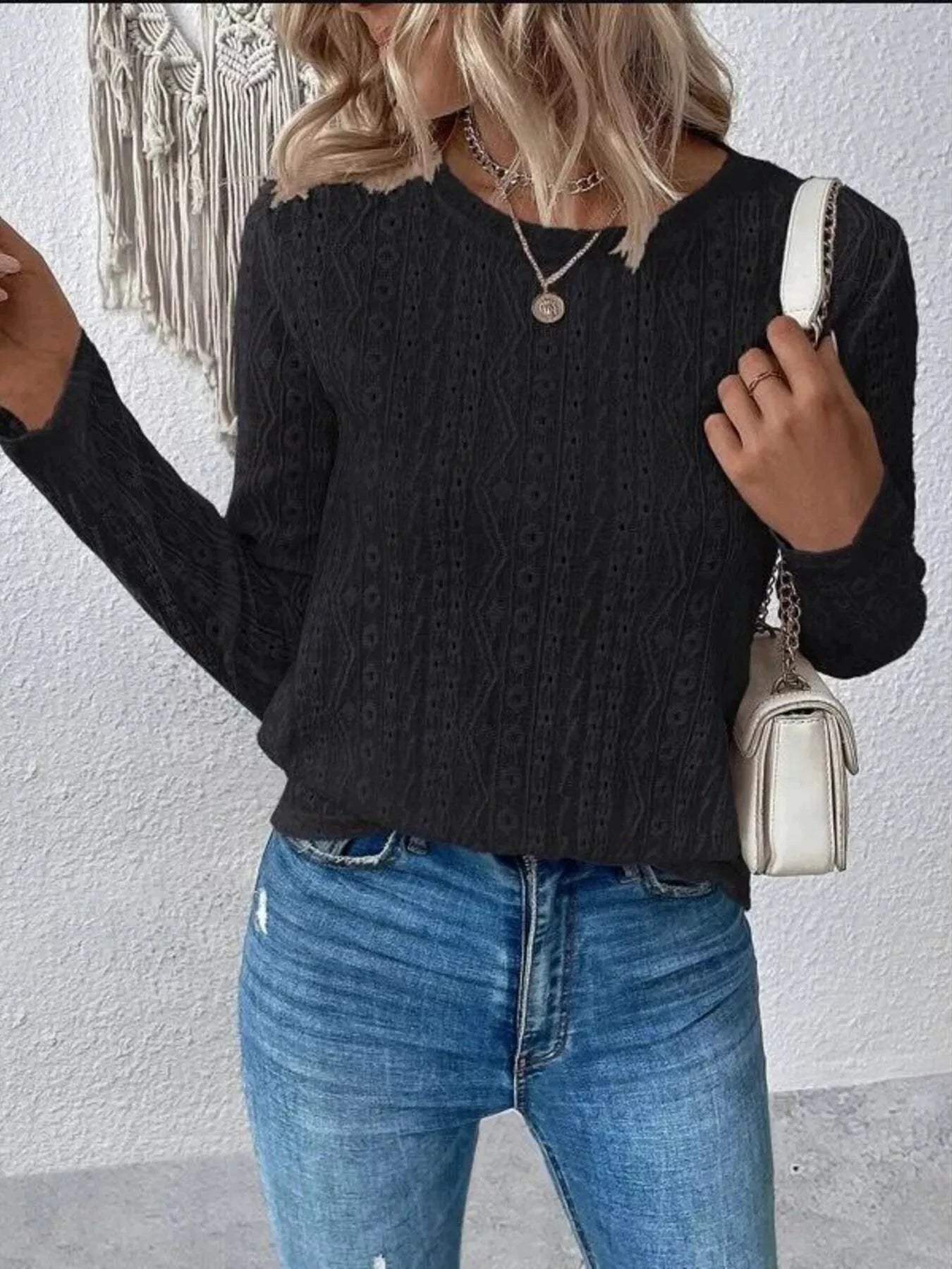 Full Size Eyelet Round Neck Long Sleeve Blouse Plus Size by Lady Ros