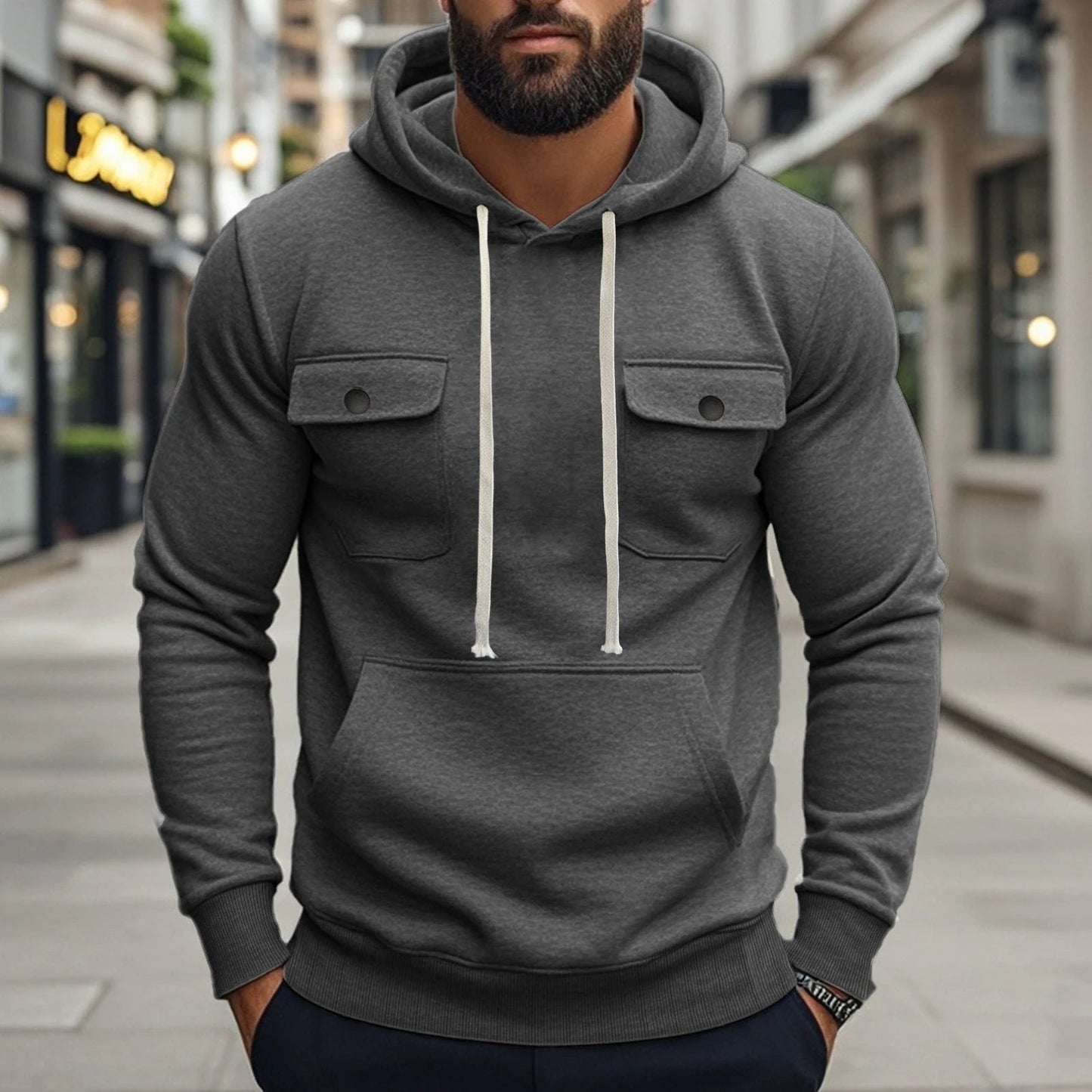 Men's Multi-pocket Long Sleeve Solid Color Hoodies by GJG Denim
