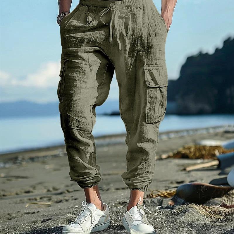 Men's Casual Ankle-tied Multi-pocket Tether Solid Color Loose Pants by GJG Denim