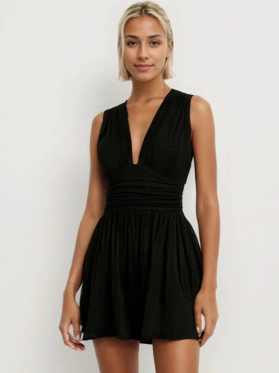 Ruched Plunge Sleeveless Romper by VYSN