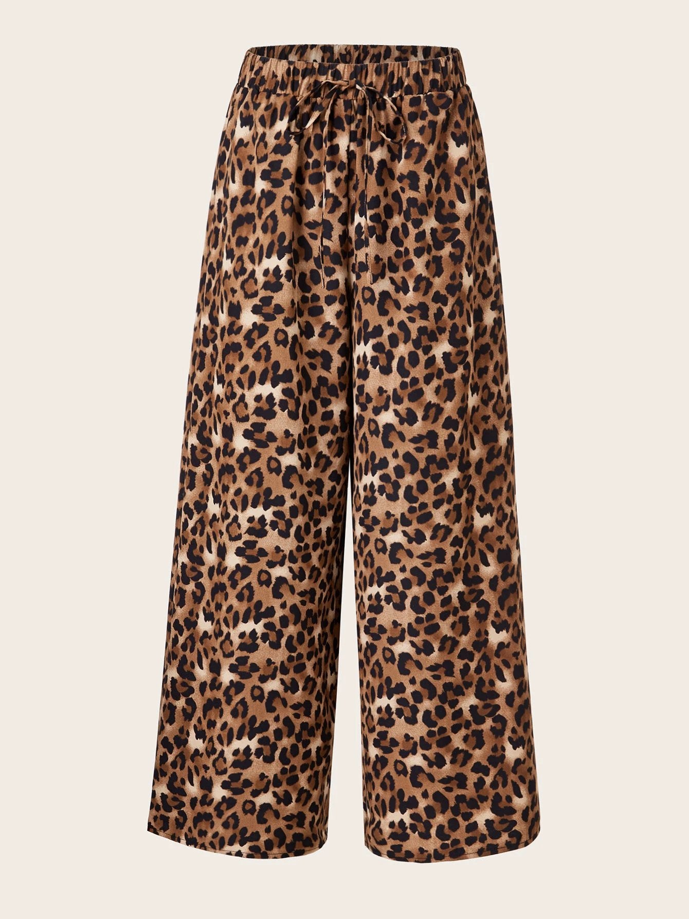 Women's Plus Size Leopard Print Wide Leg Pants - Elastic Waist, Loose Fit Casual Straight Leg Trousers For Spring Summer Fall, Lightweight Polyester Blend, Perfect For Beach Or Outdoor Outings by GJG Denim