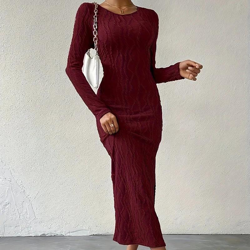 Women's Crew Neck Long Sleeve Ribbed Dress Side Slit Knit Bodycon Midi Dress by GJG Denim