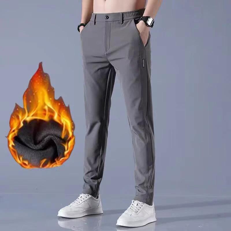Men's Caual Elastic-Waist Pants With Fleece Lining by GJG Denim