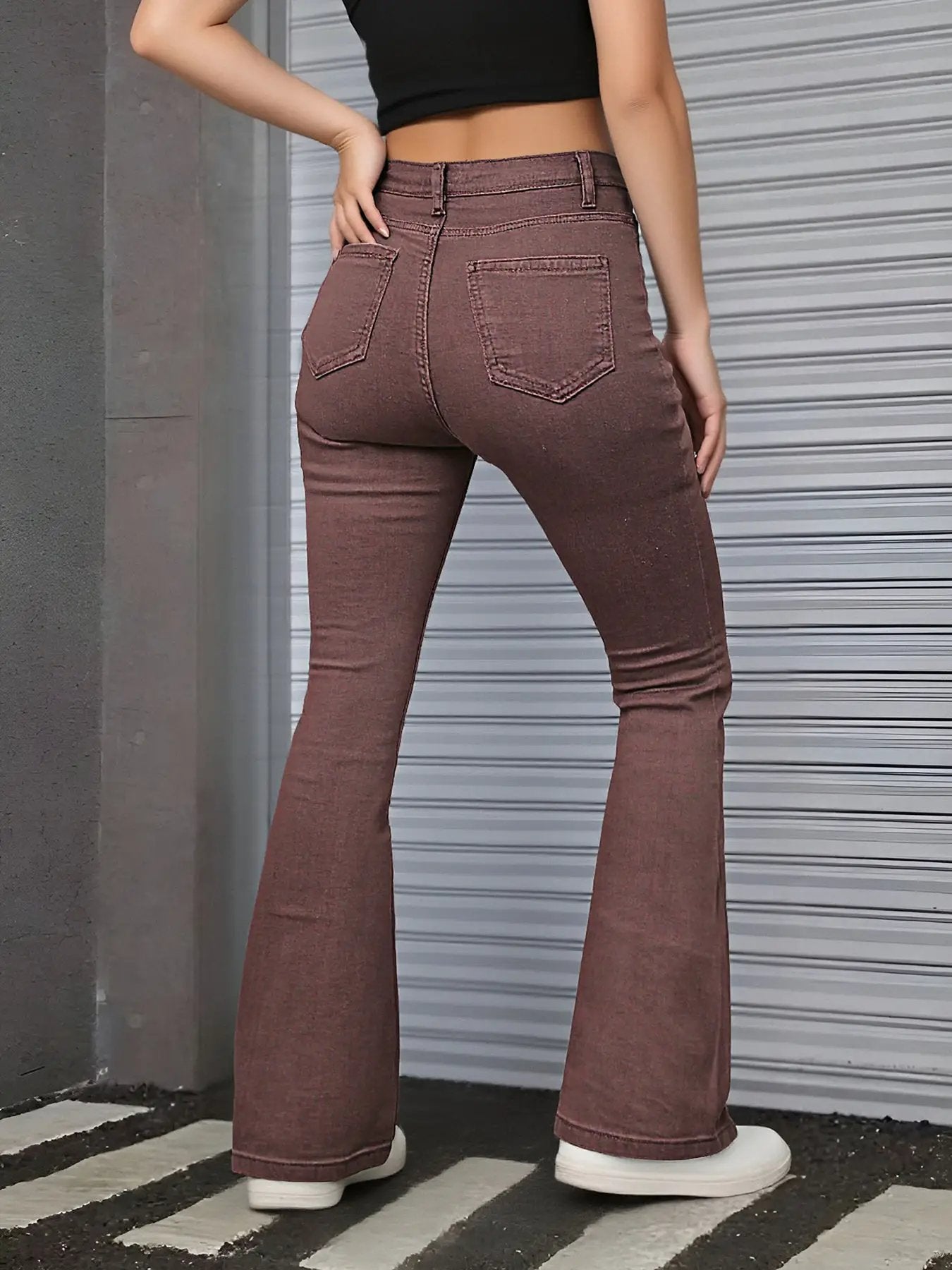 Women's Brown High Rise Flare Jeans, Washed Stretchy Bell Bottom Denim Pants by GJG Denim