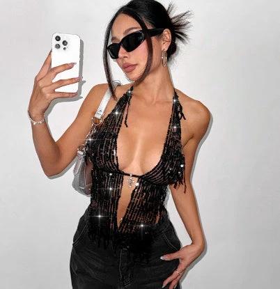 Halterneck With Suspenders Top Sequined Lace-up Tight Vest by GJG Denim
